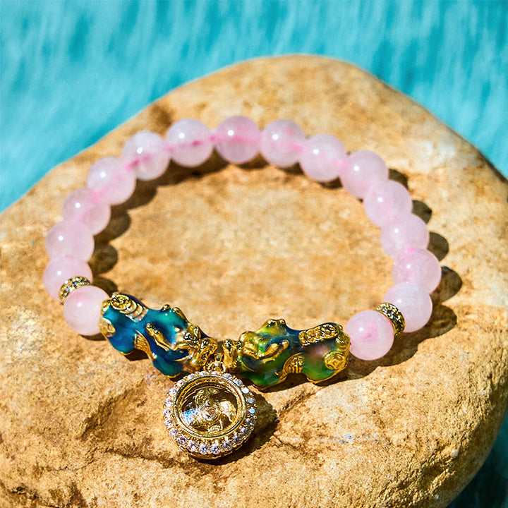 Buddha Stones Pink Crystal Color Change Double PiXiu Cyclone Charm Warmth Bracelet
