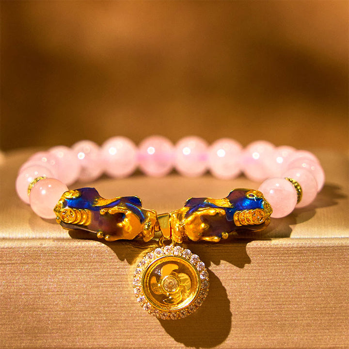 Buddha Stones Pink Crystal Color Change Double PiXiu Cyclone Charm Warmth Bracelet