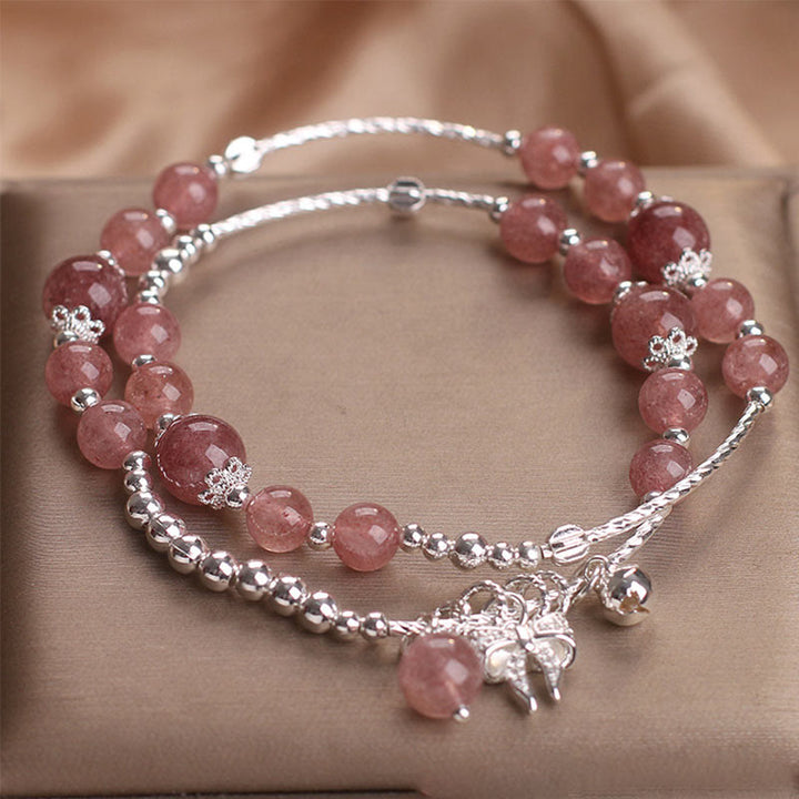 Buddha Stones Natural Strawberry Quartz Bow-knot Rosette Charm Healing Double Wrap Bracelet