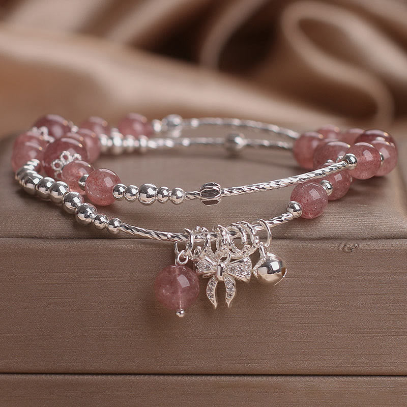 Buddha Stones Natural Strawberry Quartz Bow-knot Rosette Charm Healing Double Wrap Bracelet
