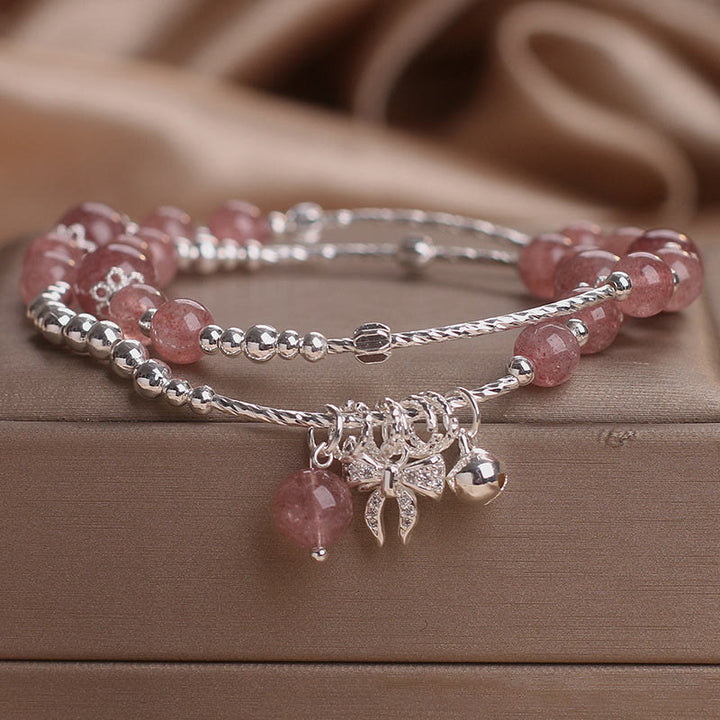Buddha Stones Natural Strawberry Quartz Bow-knot Rosette Charm Healing Double Wrap Bracelet