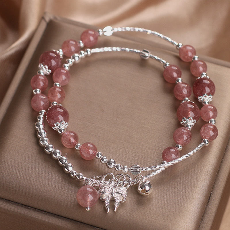 Buddha Stones Natural Strawberry Quartz Bow-knot Rosette Charm Healing Double Wrap Bracelet