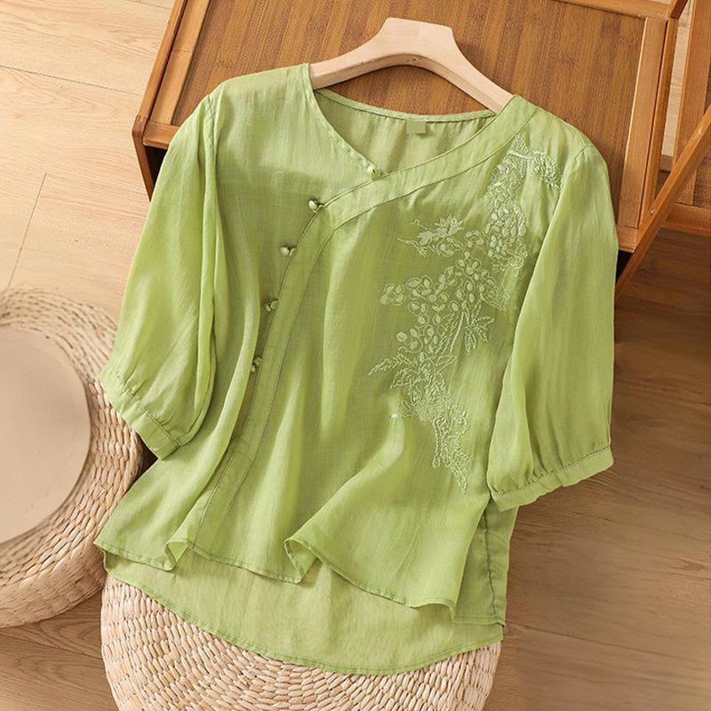 Buddha Stones Casual Loose Flower Embroidery Frog Button Short Sleeve Women's Shirt - image 2