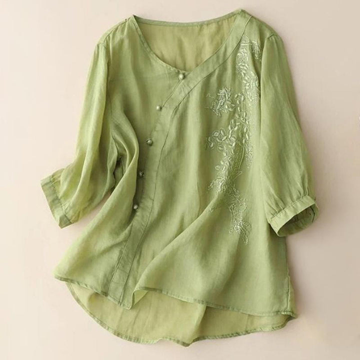 Buddha Stones Casual Loose Flower Embroidery Frog Button Short Sleeve Women's Shirt - YellowGreen - US14,UK/AU18,EU46 (4XL) - image 1