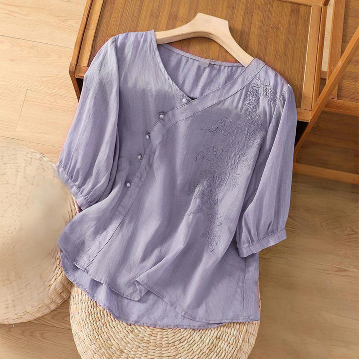 Buddha Stones Casual Loose Flower Embroidery Frog Button Short Sleeve Women's Shirt - image 4