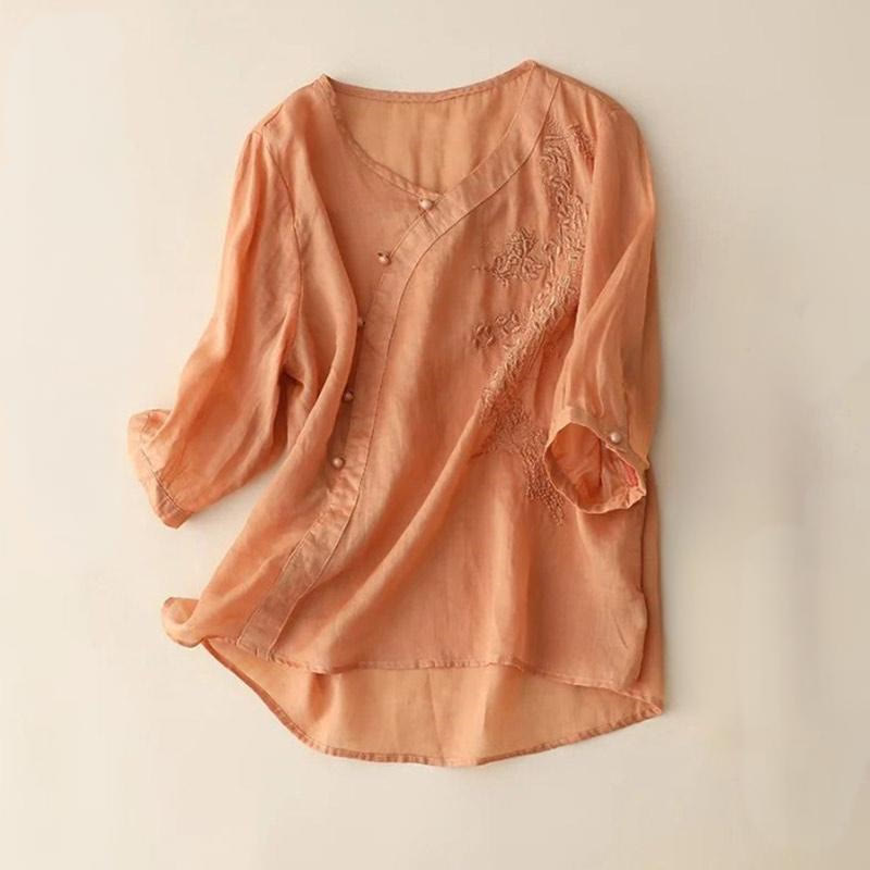 Buddha Stones Casual Loose Flower Embroidery Frog Button Short Sleeve Women's Shirt - LightSalmon - US14,UK/AU18,EU46 (4XL) - image 9