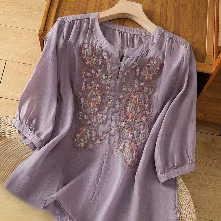 Buddha Stones Casual Loose Embroidery Frog Button Half Sleeve Crew Neck Cotton Women's Shirt - MediumPurple - US12,UK/AU16,EU44 (3XL) - image 0