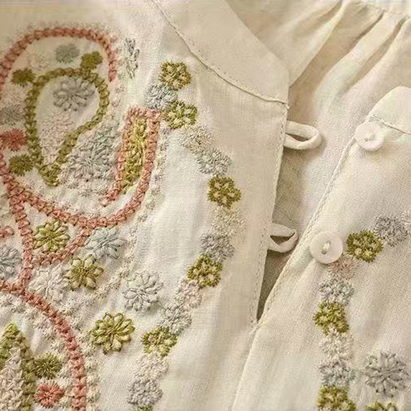 Buddha Stones Casual Loose Embroidery Frog Button Half Sleeve Crew Neck Cotton Women's Shirt - image 11