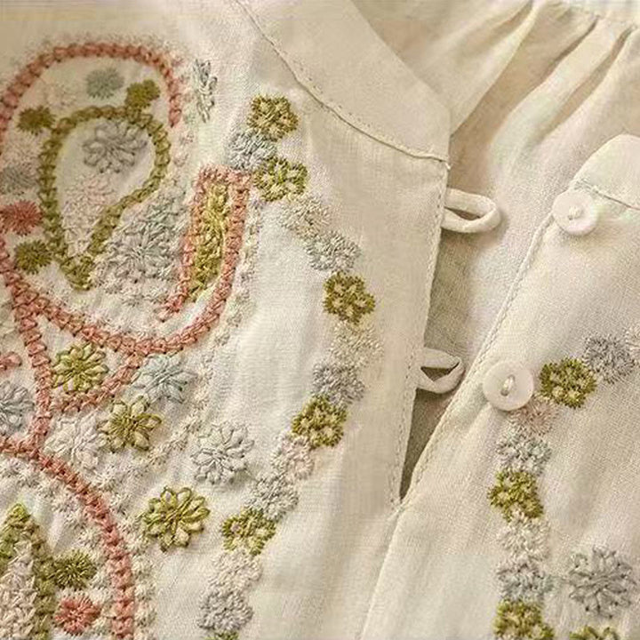 Buddha Stones Casual Loose Embroidery Frog Button Half Sleeve Crew Neck Cotton Women's Shirt - image 11