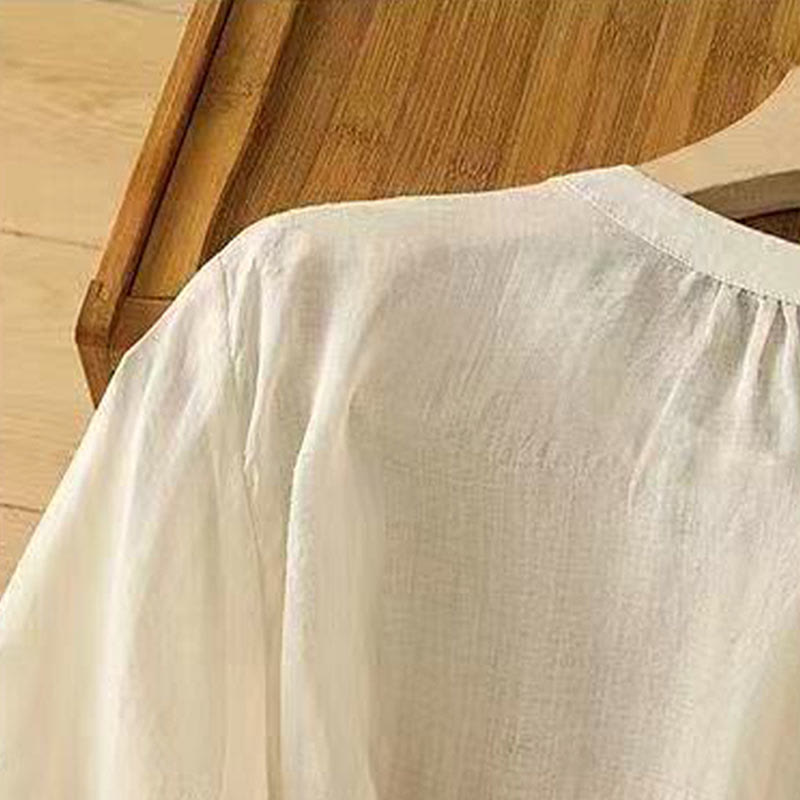 Buddha Stones Casual Loose Embroidery Frog Button Half Sleeve Crew Neck Cotton Women's Shirt - image 9