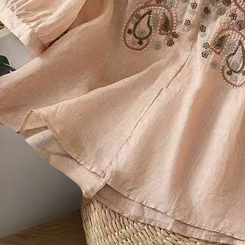 Buddha Stones Casual Loose Embroidery Frog Button Half Sleeve Crew Neck Cotton Women's Shirt - image 16