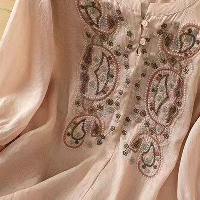 Buddha Stones Casual Loose Embroidery Frog Button Half Sleeve Crew Neck Cotton Women's Shirt - image 14