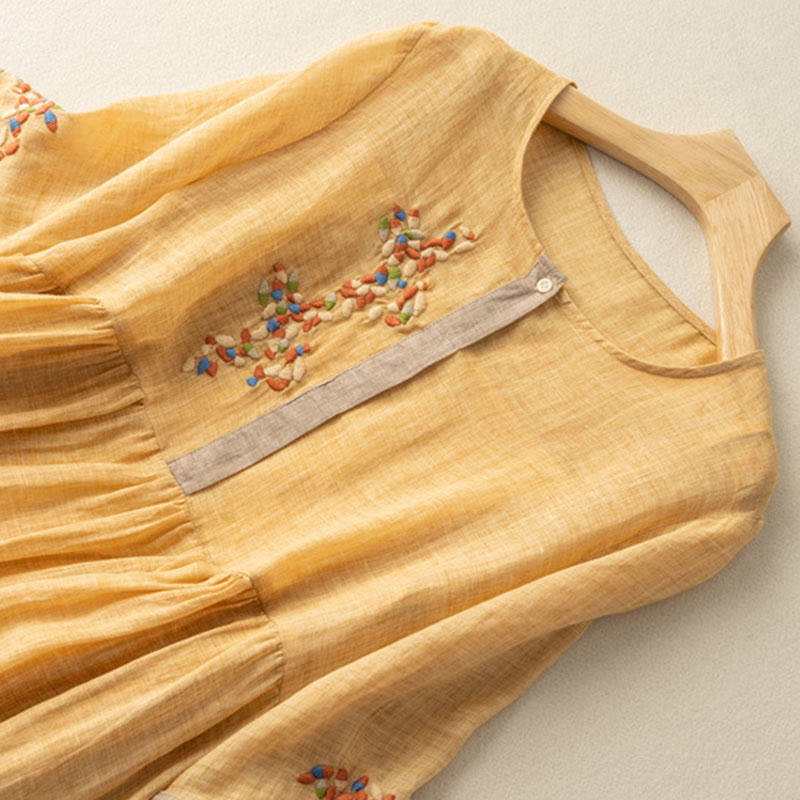 Buddha Stones Spring Ethnic Embroidery Half Sleeve Cotton Linen Women's Midi Dress - image 4