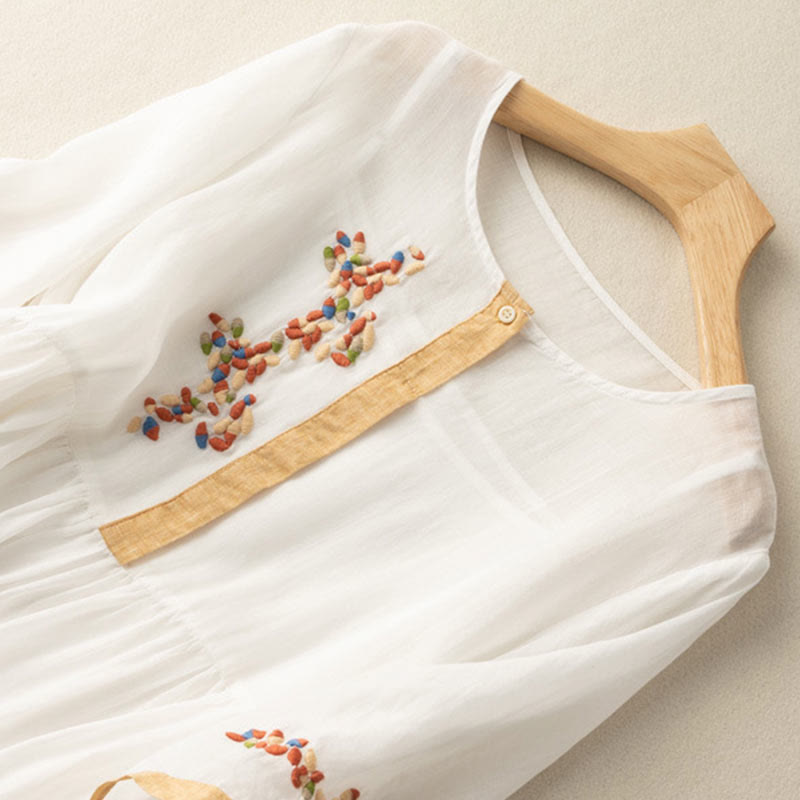 Buddha Stones Spring Ethnic Embroidery Half Sleeve Cotton Linen Women's Midi Dress - image 2