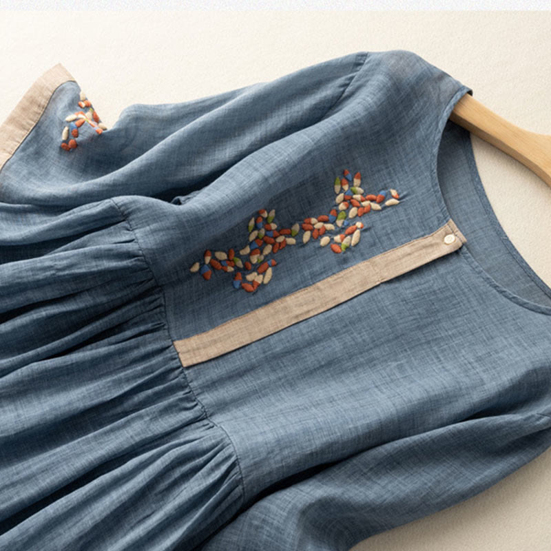 Buddha Stones Spring Ethnic Embroidery Half Sleeve Cotton Linen Women's Midi Dress - image 12