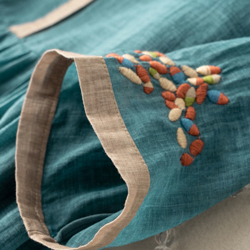 Buddha Stones Spring Ethnic Embroidery Half Sleeve Cotton Linen Women's Midi Dress - image 8