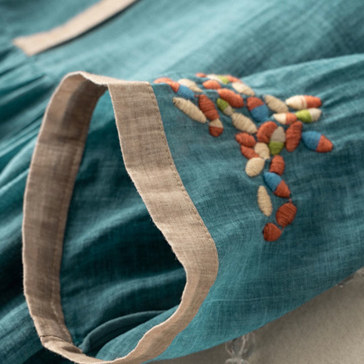 Buddha Stones Spring Ethnic Embroidery Half Sleeve Cotton Linen Women's Midi Dress - image 8