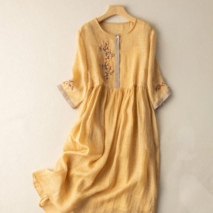 Buddha Stones Spring Ethnic Embroidery Half Sleeve Cotton Linen Women's Midi Dress - Gold - US8-10,UK/AU12-14,EU40-42 (2XL) - image 3
