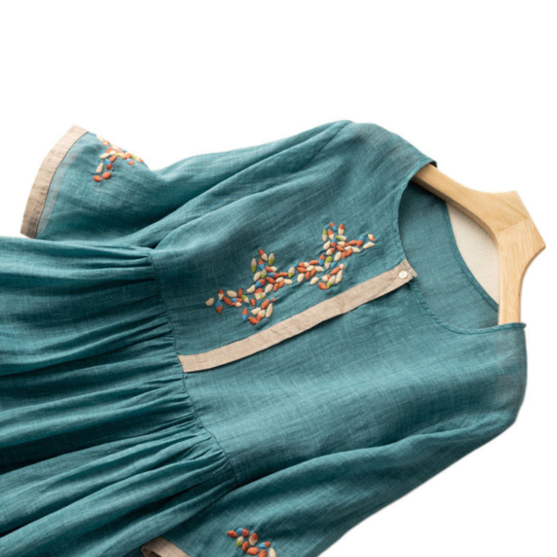 Buddha Stones Spring Ethnic Embroidery Half Sleeve Cotton Linen Women's Midi Dress - image 10