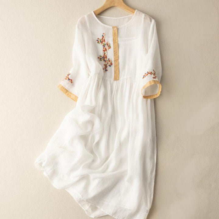 Buddha Stones Spring Ethnic Embroidery Half Sleeve Cotton Linen Women's Midi Dress - White - US8-10,UK/AU12-14,EU40-42 (2XL) - image 1