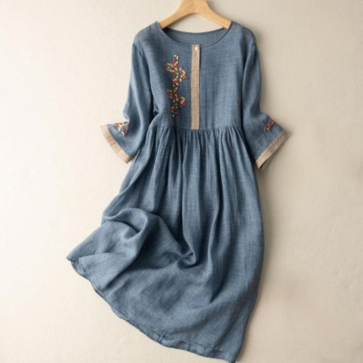 Buddha Stones Spring Ethnic Embroidery Half Sleeve Cotton Linen Women's Midi Dress - SteelBlue - US8-10,UK/AU12-14,EU40-42 (2XL) - image 11