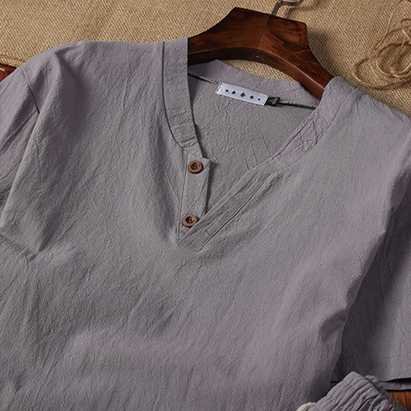 Buddha Stones 2Pcs Plain Notched Collar Short Sleeve T-Shirt Shorts With Pockets Cotton Linen Men's Meditation Cloth Set - image 9