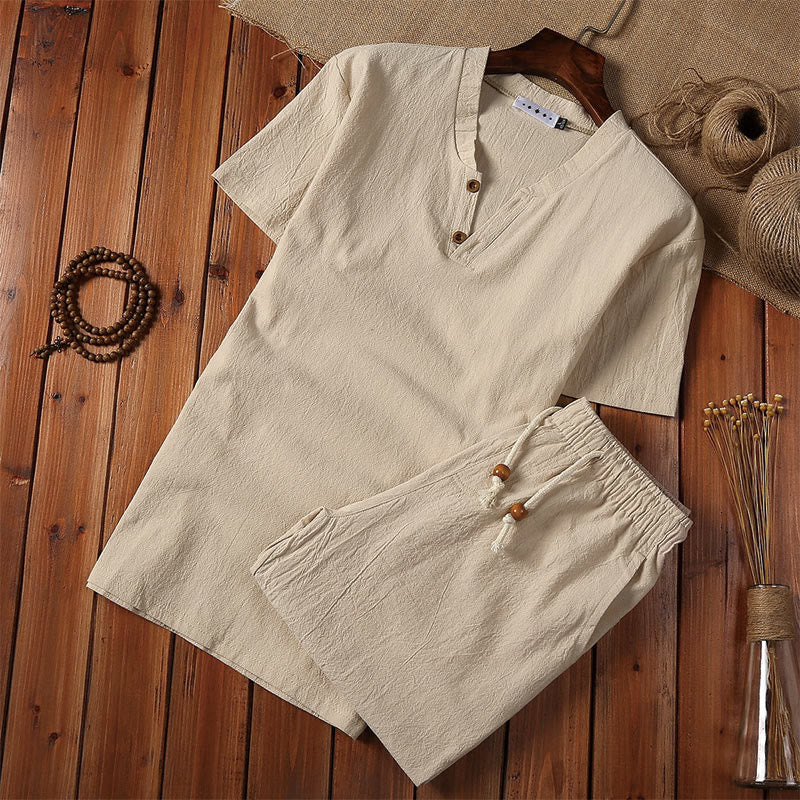 Buddha Stones 2Pcs Plain Notched Collar Short Sleeve T-Shirt Shorts With Pockets Cotton Linen Men's Meditation Cloth Set - Khaki - US/UK/AU46,EU56 (5XL) - image 1