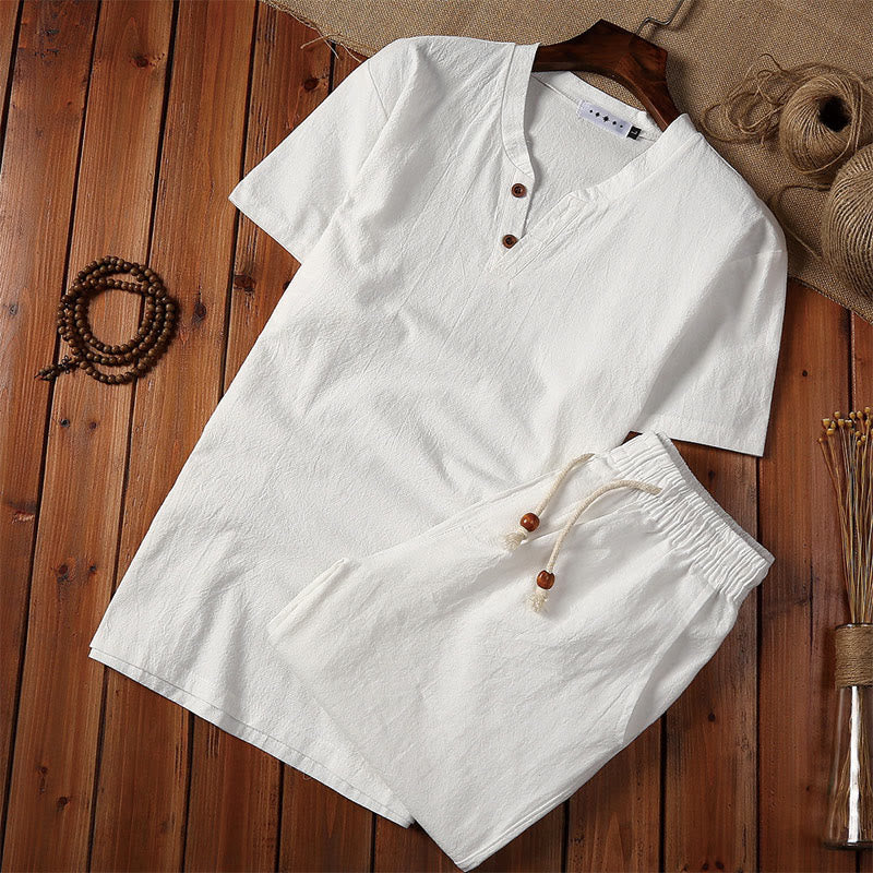 Buddha Stones 2Pcs Plain Notched Collar Short Sleeve T-Shirt Shorts With Pockets Cotton Linen Men's Meditation Cloth Set - White - US/UK/AU46,EU56 (5XL) - image 2