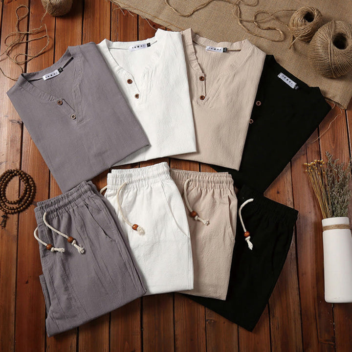 Buddha Stones 2Pcs Plain Notched Collar Short Sleeve T-Shirt Shorts With Pockets Cotton Linen Men's Meditation Cloth Set - image 20