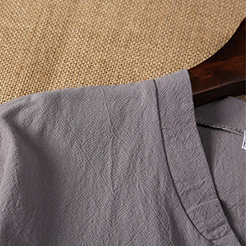 Buddha Stones 2Pcs Plain Notched Collar Short Sleeve T-Shirt Shorts With Pockets Cotton Linen Men's Meditation Cloth Set - image 11