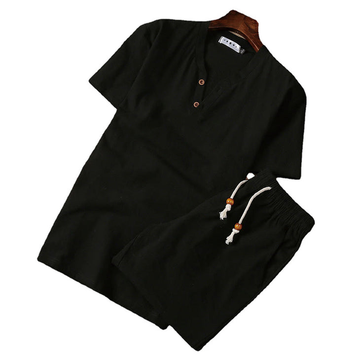 Buddha Stones 2Pcs Plain Notched Collar Short Sleeve T-Shirt Shorts With Pockets Cotton Linen Men's Meditation Cloth Set - image 6