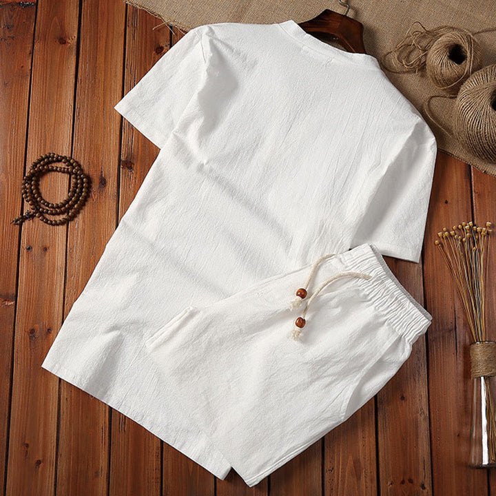 Buddha Stones 2Pcs Plain Notched Collar Short Sleeve T-Shirt Shorts With Pockets Cotton Linen Men's Meditation Cloth Set - image 3