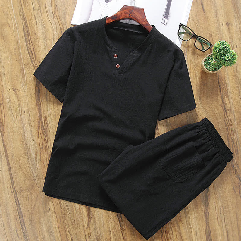 Buddha Stones Casual 2Pcs Plain Sleeve T-Shirt Shorts With Pockets Cotton Linen Men's Meditation Cloth Set - Black - US/UK/AU46,EU56 (5XL) - image 8