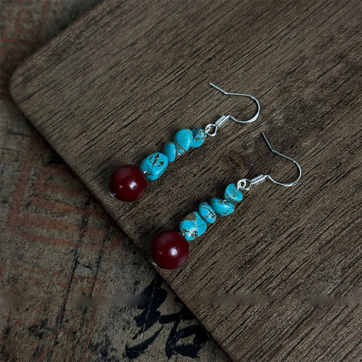 Buddha Stones Tibetan 925 Sterling Silver Turquoise Cinnabar beads Protection Earrings