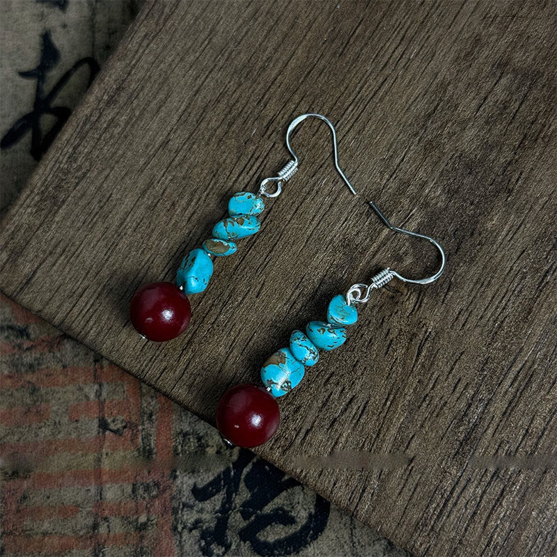 Buddha Stones Tibetan 925 Sterling Silver Turquoise Cinnabar beads Protection Earrings