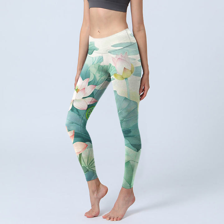 Buddha Stones Lotus Flowers Leaves Lotus Pods Pattern Print Gym Leggings Women's Yoga Pants - MintCream - US18,UK/AU22,EU50 (4XL) - image 1