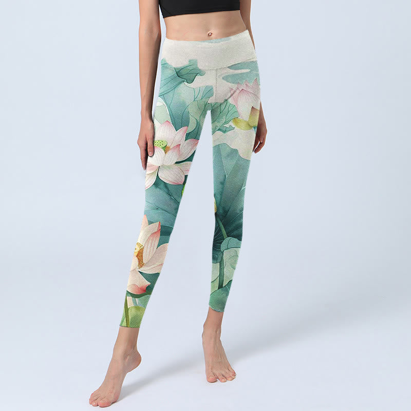 Buddha Stones Lotus Flowers Leaves Lotus Pods Pattern Print Gym Leggings Women's Yoga Pants - image 6