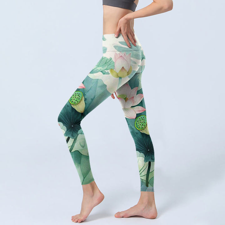 Buddha Stones Lotus Flowers Leaves Lotus Pods Pattern Print Gym Leggings Women's Yoga Pants - image 3