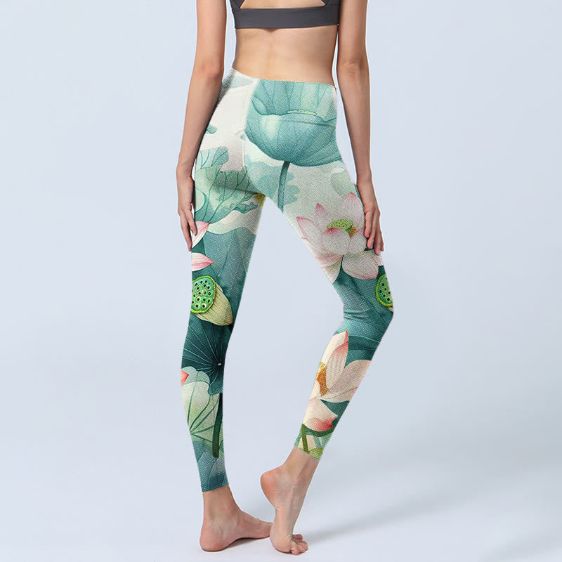 Buddha Stones Lotus Flowers Leaves Lotus Pods Pattern Print Gym Leggings Women's Yoga Pants - image 4