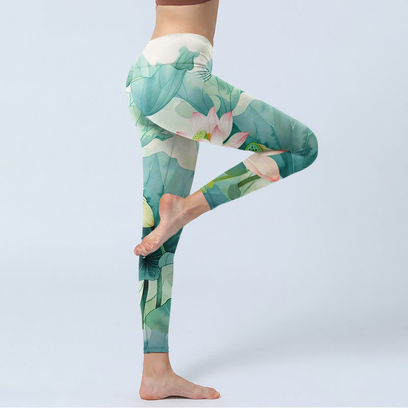 Buddha Stones Lotus Flowers Leaves Lotus Pods Pattern Print Gym Leggings Women's Yoga Pants - image 5
