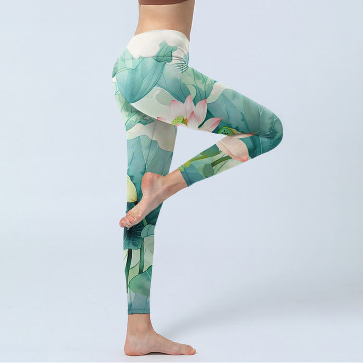 Buddha Stones Lotus Flowers Leaves Lotus Pods Pattern Print Gym Leggings Women's Yoga Pants - image 5