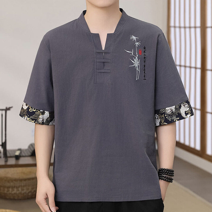 Buddha Stones Summer Embroidery Bamboo Pattern Patchwork Design Men's Half Sleeve Cotton Linen T-Shirt - SlateGray - US/UK/AU46,EU56 (5XL) - image 2