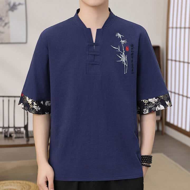 Buddha Stones Summer Embroidery Bamboo Pattern Patchwork Design Men's Half Sleeve Cotton Linen T-Shirt - DarkSlateBlue - US/UK/AU46,EU56 (5XL) - image 4