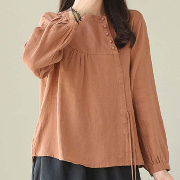 Buddha Stones Fall Casual Solid Color Stand Collar Long Sleeve Cotton Linen Women's Shirt - image 6