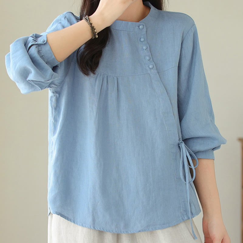 Buddha Stones Fall Casual Solid Color Stand Collar Long Sleeve Cotton Linen Women's Shirt - image 12