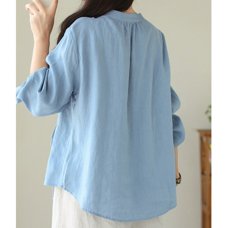 Buddha Stones Fall Casual Solid Color Stand Collar Long Sleeve Cotton Linen Women's Shirt - image 13