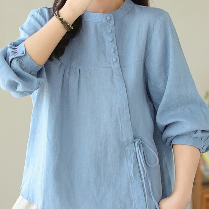Buddha Stones Fall Casual Solid Color Stand Collar Long Sleeve Cotton Linen Women's Shirt - image 11