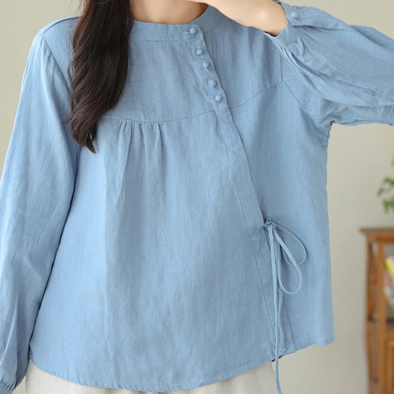Buddha Stones Fall Casual Solid Color Stand Collar Long Sleeve Cotton Linen Women's Shirt - image 14
