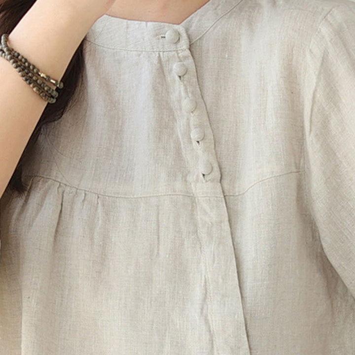 Buddha Stones Fall Casual Solid Color Stand Collar Long Sleeve Cotton Linen Women's Shirt - image 21