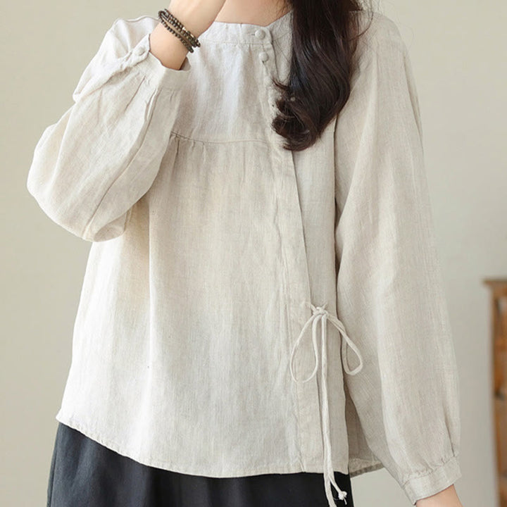Buddha Stones Fall Casual Solid Color Stand Collar Long Sleeve Cotton Linen Women's Shirt - image 20